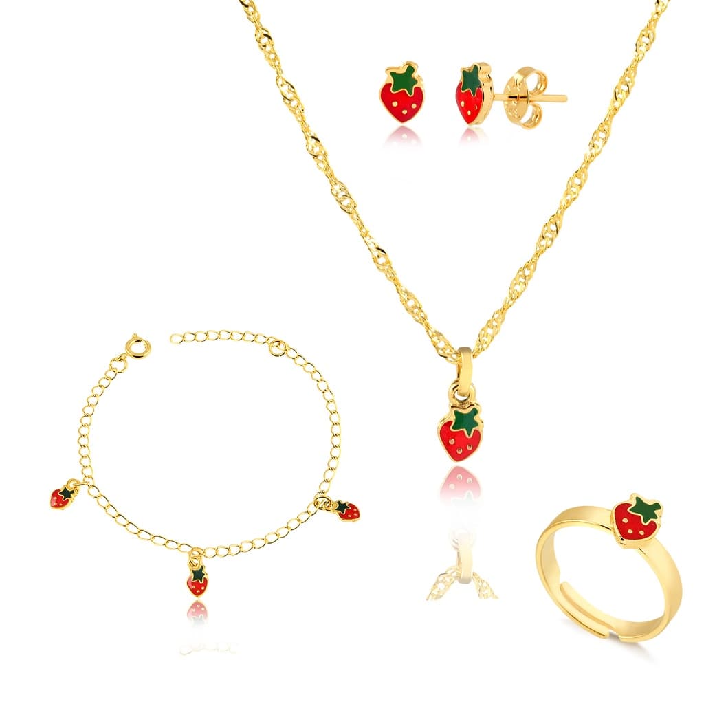 Kit Conjunto Infantil de Colar, Pingente, Brinco Pulseira e Anel Regulável Banhado a Ouro 18k Detalhe Moranguinho Resina
