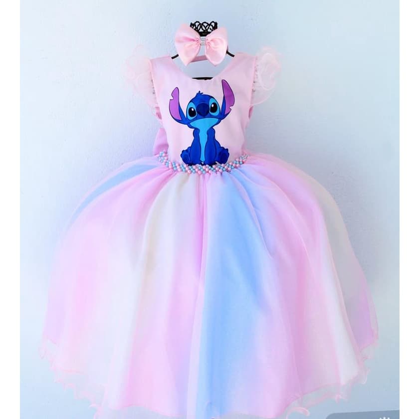 Vestido Infantil Stitch de Luxo com Tiara