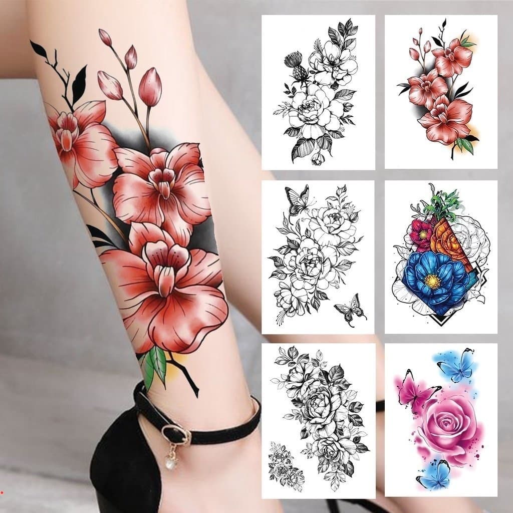 Tatuagem Temporária 3D Flor De Aquarela Para Meninas Falsas Rosa Autocolante Borboleta Renda Sweatpea Flora Perna Tatoos