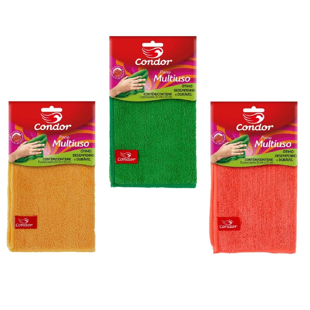 Panos Multiuso Microfibra 35x35 Kit C/ 3 Cores (Amarelo, Verde e Laranja) Condor