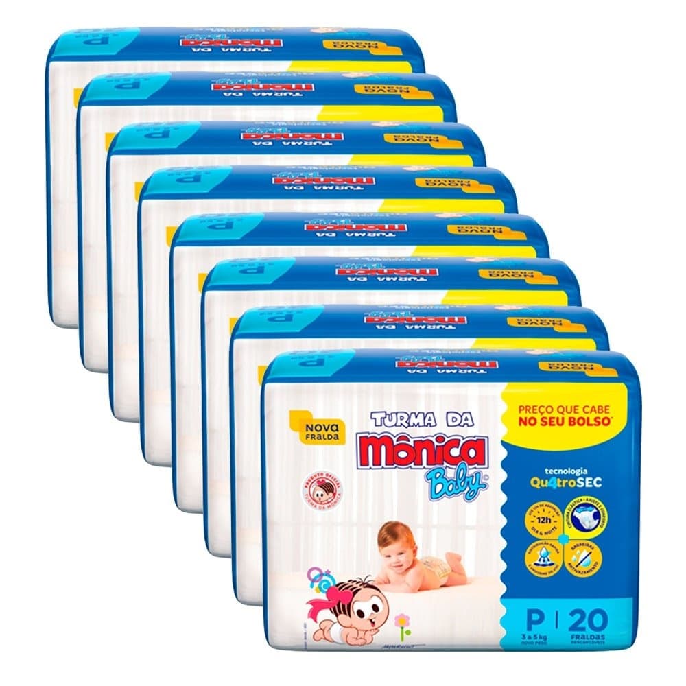 Fralda Descartável Turma da Mônica Jumbinho Tamanho P - 8 Pacotes com 20 Fraldas - Total 160 Tiras