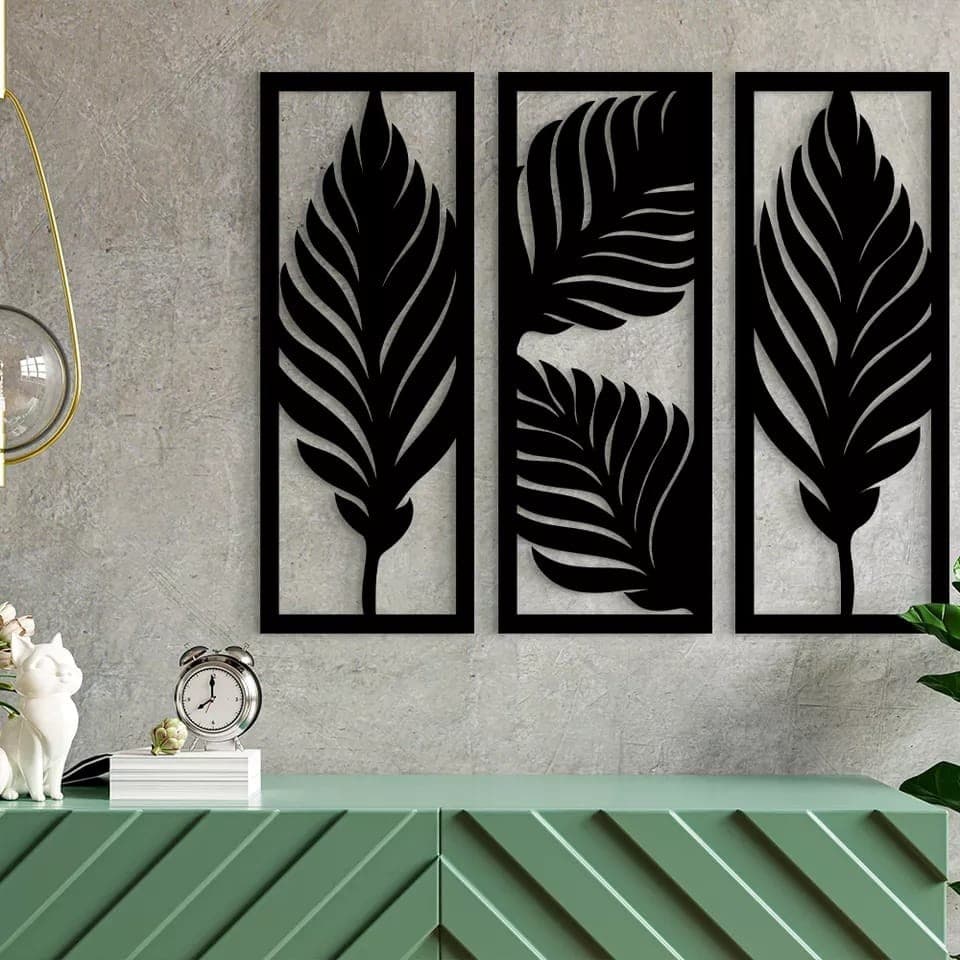 Trio de Folhas Decorativas para parede em MDF de 3mm preto para casa escritório quarto