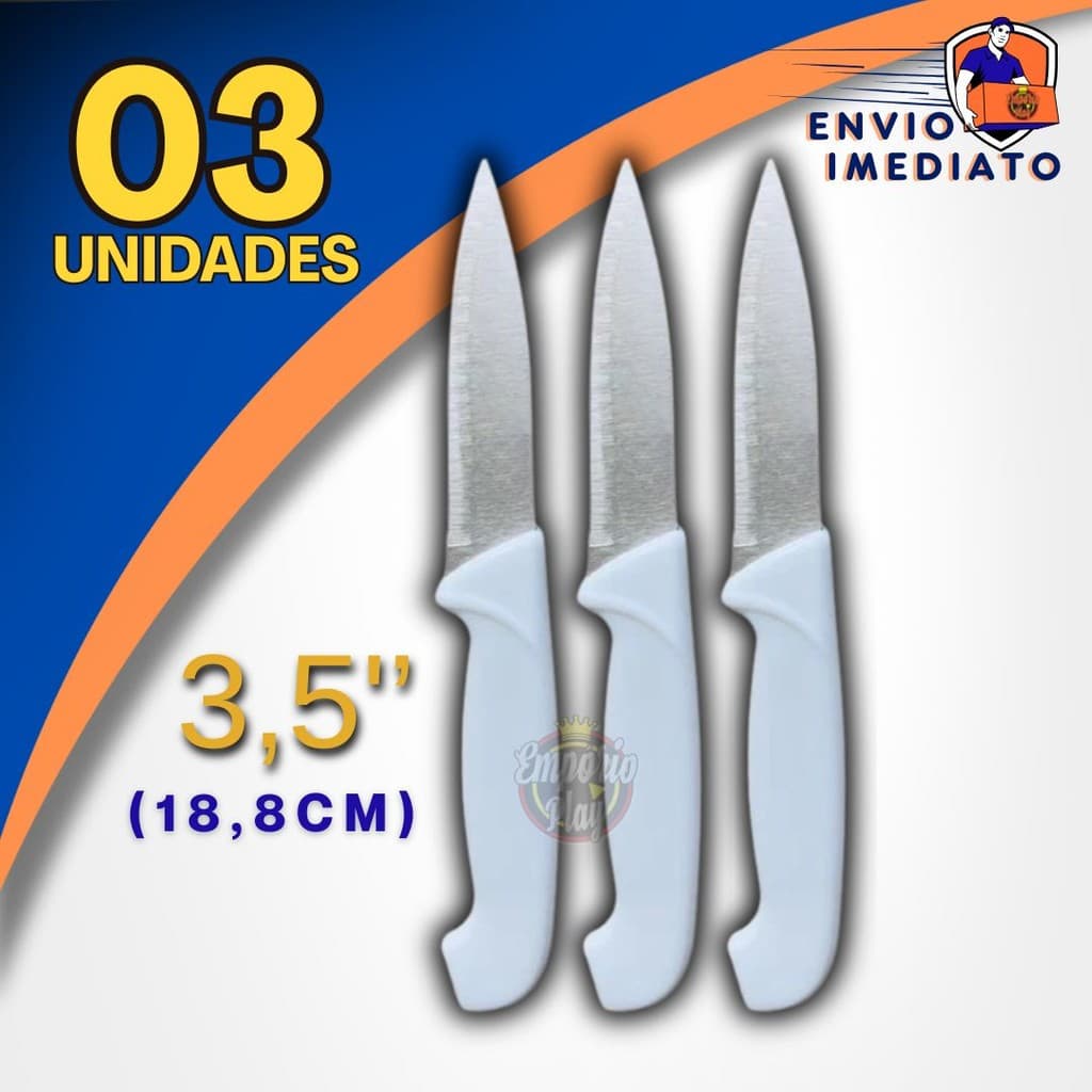 kit 3 Facas 3,5" Para Cortar Legumes Descascar de Aço Inox Faquinha Pequena Descascadora Afiada