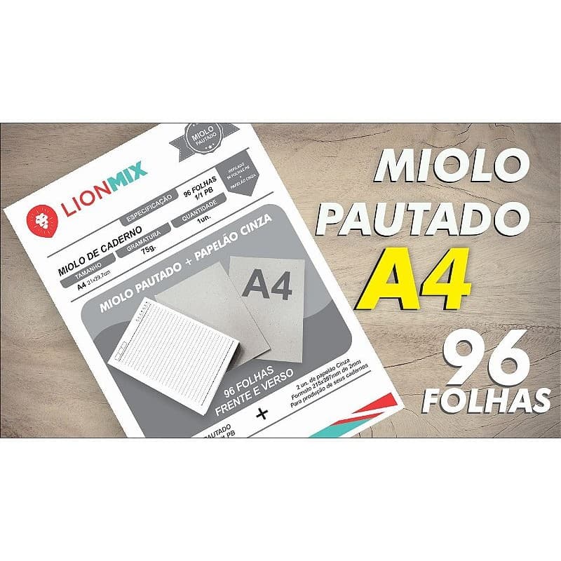MIOLO PAUTADO A4 PARA CADERNO + PAPELÃO CINZA 96 folhas - OFFSET 75G. 1/1 PB - Embalagem unitária