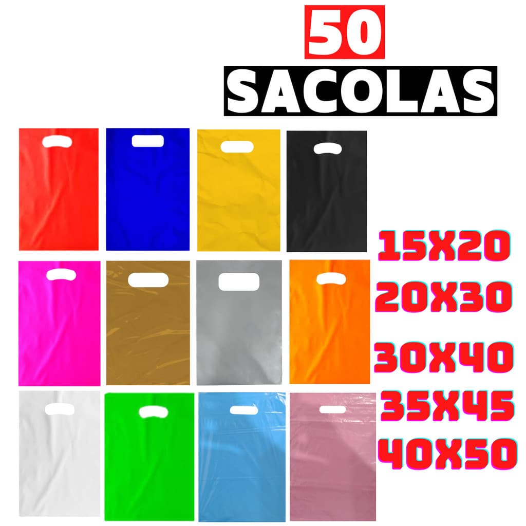 50 Sacolinhas Boca de Palhaço 15x20, 20x30, 25x35, 30x40, 40x50 Sacola Alça Vazada para Lojas