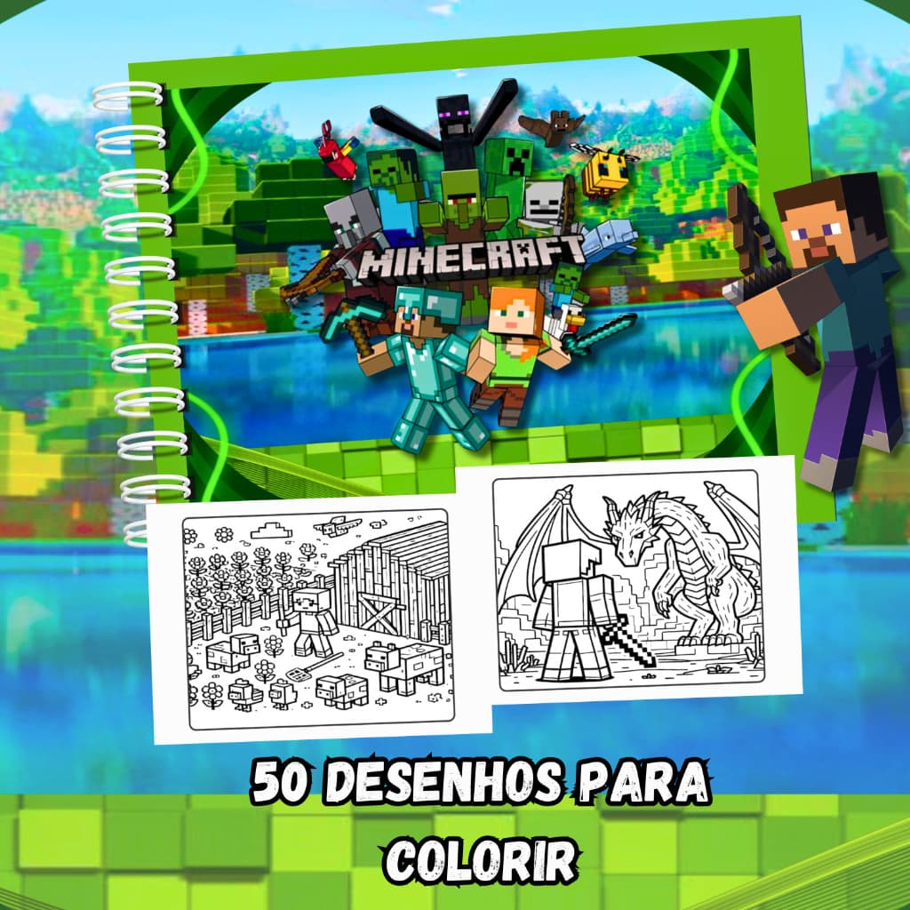 Livro De Colorir Minecraft 50 Desenhos Caderno de Colorir Capa Dura Com Acetato