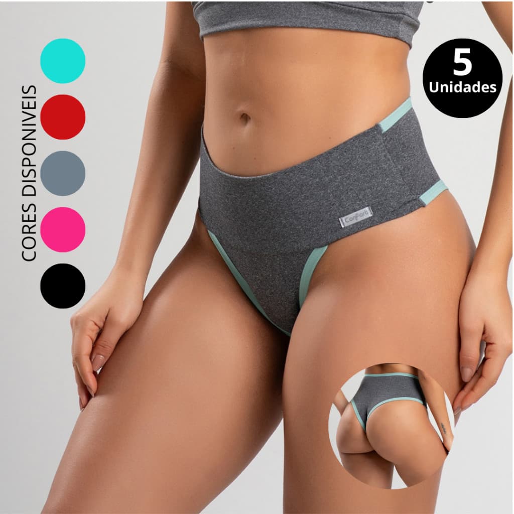 Kit 5 Calcinhas Fitness Cós Alto Calcinha Seca Barriga