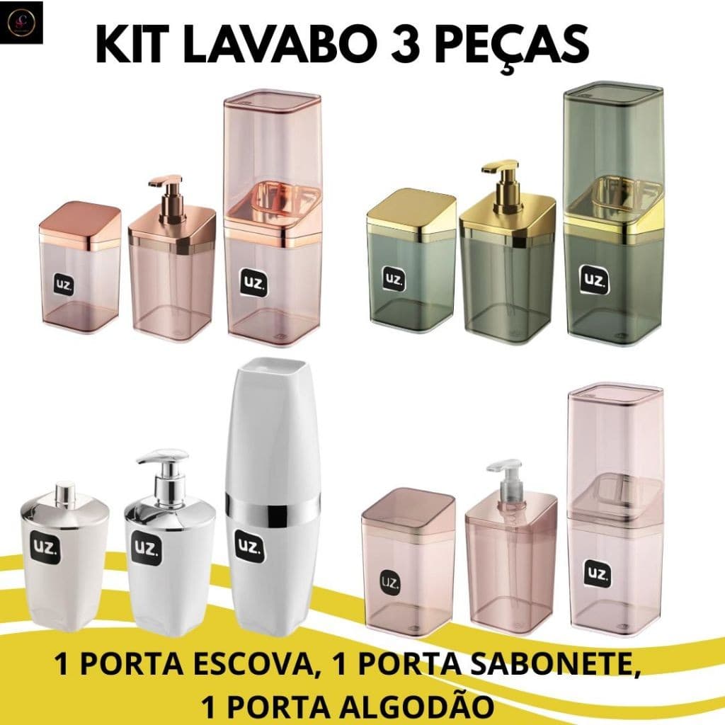 Kit Porta Escova + Porta Sabonete Liquido + Porta Algodão/Cotonetes UZ utilidades