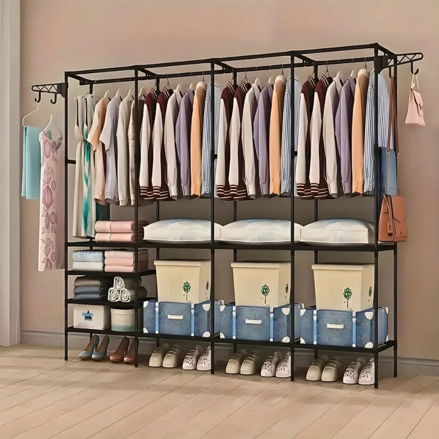 Arara De Roupa Cabideiro De Chão Sapateira Rack Organizador Multiuso Aço Inox