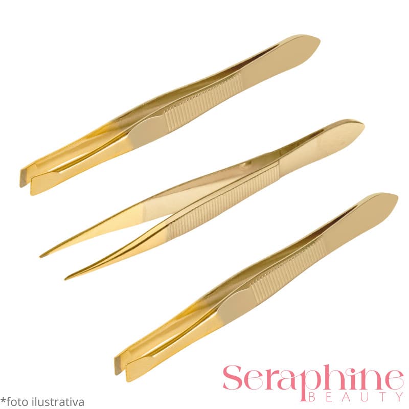 Kit 3 Pinças Douradas Profissional Em Aço Inoxidável Para Remoção De Pelos / Sobrancelha