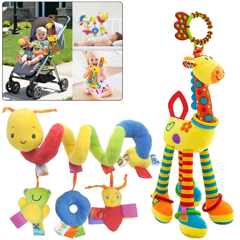 Kit Móbile Girafa Grande Colorida com Mordedor, Chocalho, Naninha Espiral e Brinquedo de Pássaro - Para Carrinho e Berço