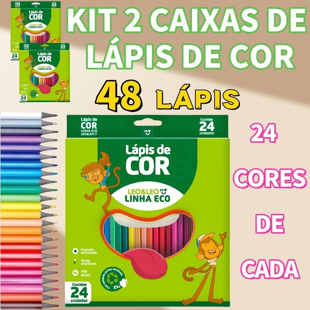 Kit 2 Caixas Lapis De Cor Leo & Leo 24 Cores Eco Sextavado Em Suas Aventuras Artísticas Uso Em Casa