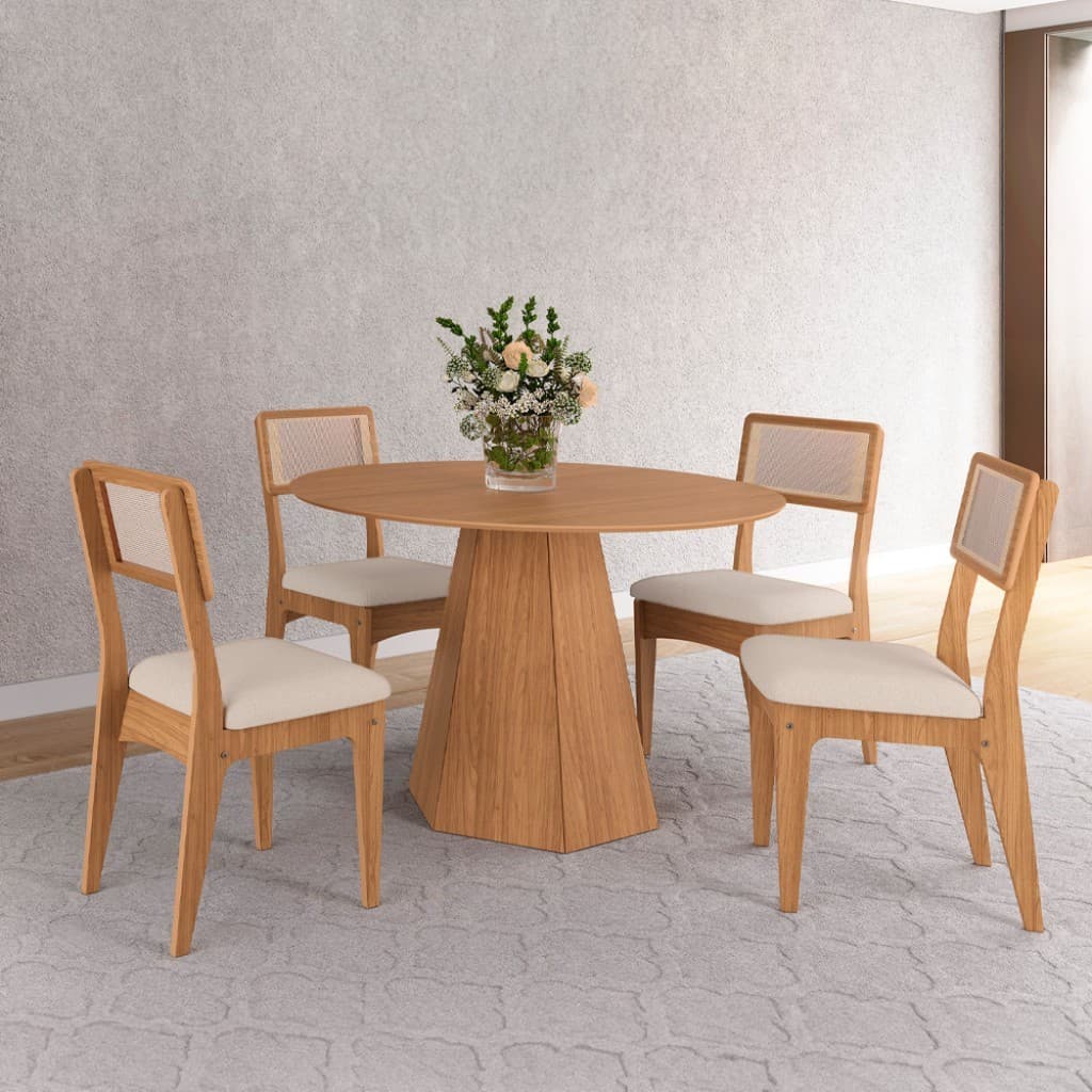 Conjunto Sala de Jantar Mesa Lisboa Hexagonal com 4 Cadeiras Palha Sintética 100% MDF