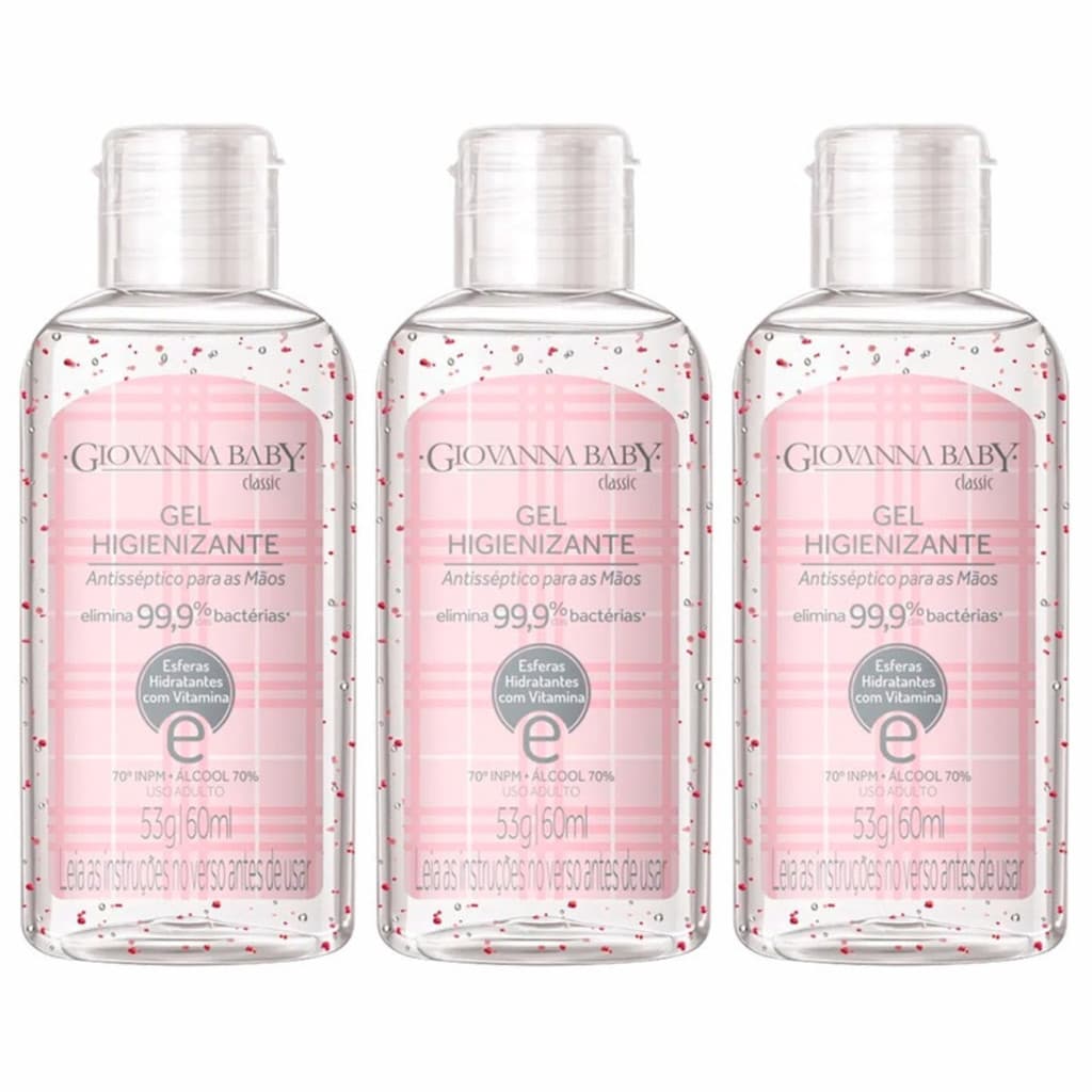 Kit 3 Giovanna Baby Classic Álcool Em Gel Higienizante Antisséptico 60ml