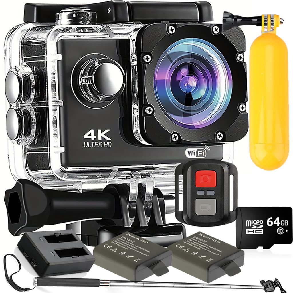 KIT Câmera De Ação M10 4K + 64gb 3 Baterias Carregador duplo bastão Bóia Controle Remoto Wifi