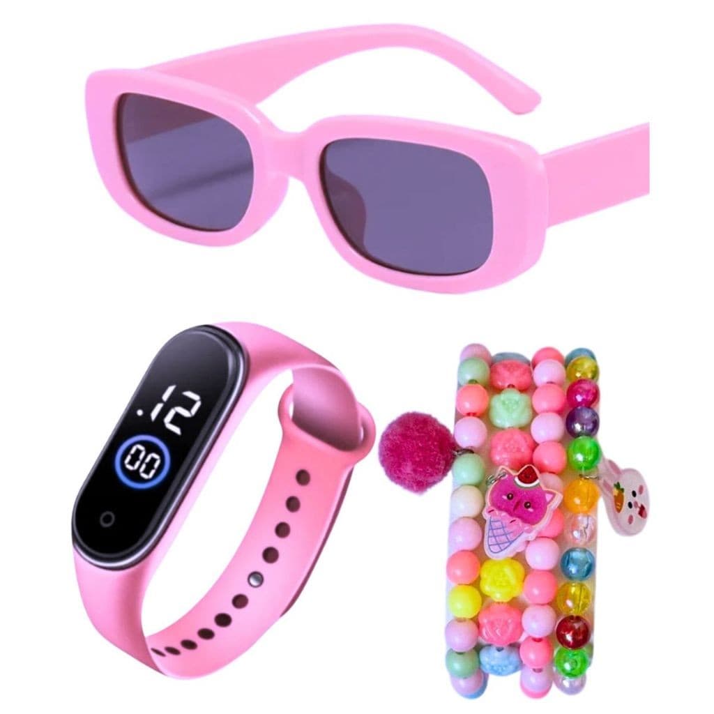 Relógio Infantil Menina De Pulso Digital Led à prova d'água + Óculos De Sol Infantil UV Retro + Ki 4 Pulseiras Miçangas