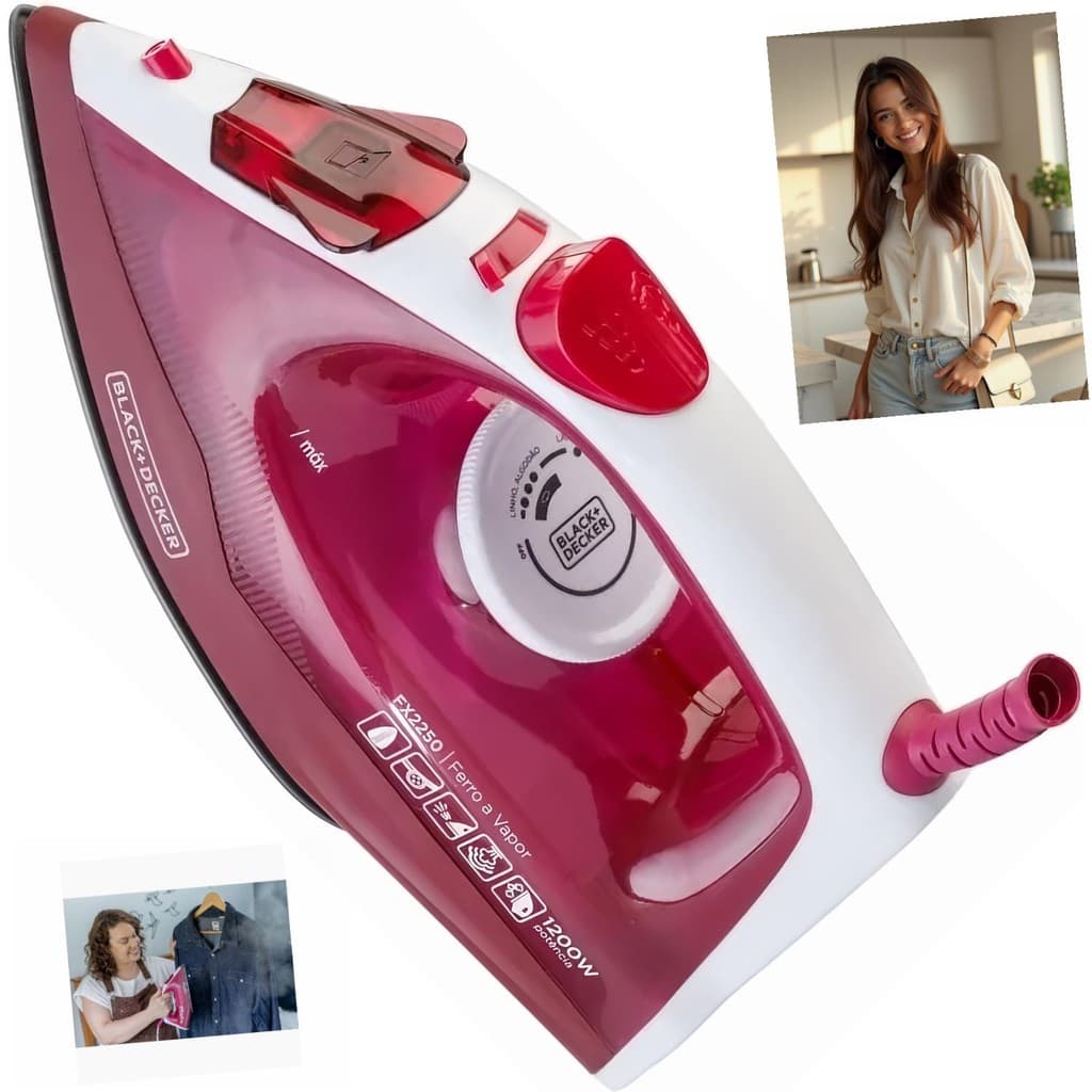 Ferro Passar Roupas Black+Decker FX2250 Rosa Seco Vapor 1200W 18g/min Base Antiaderente