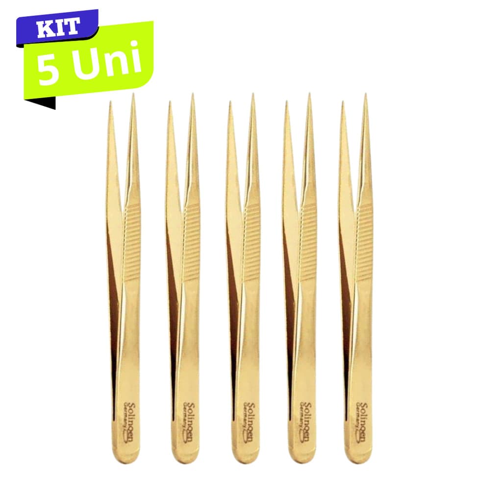 Kit 5 Pinças Solingen Ponta Agulha Designer Sobrancelhas - Dourada
