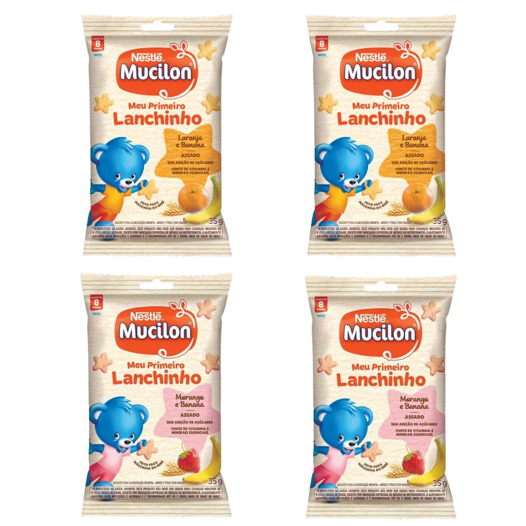 Kit Mucilon Meu Primeiro Lanchinho com 2 Sabor Morango e Banana e 2 Laranja e Banana
