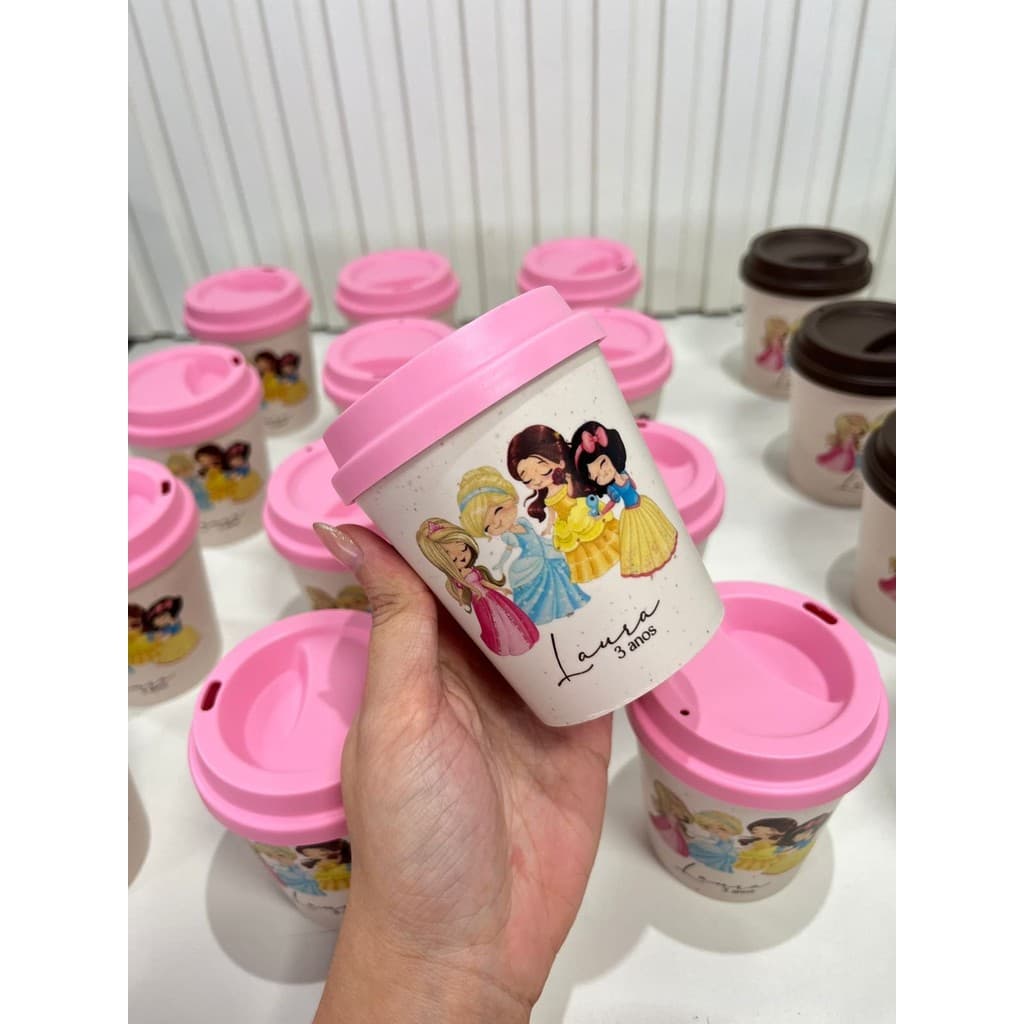 Copos Mini Bucks 250ml para lembrancinha de aniversário - Princesas Aquarela - Fazemos todos os temas