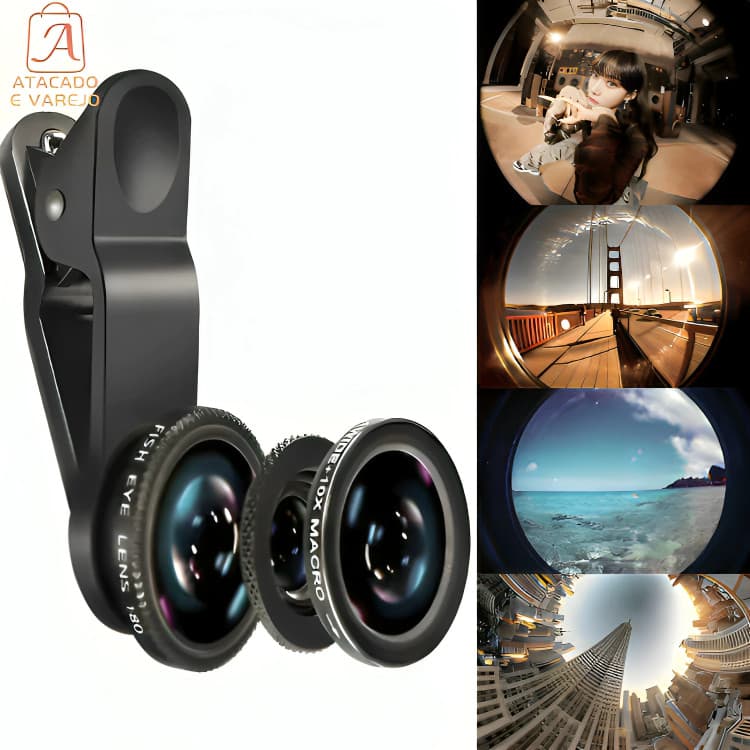 Kit De Lentes 3 Em 1 Olho De Peixe Wide E Macro Universal