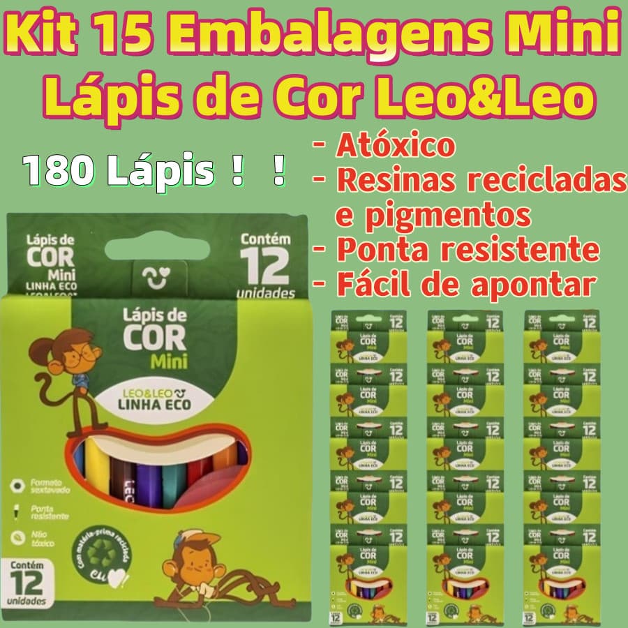 Kit 15 Embalagens Mini Lápis de Cor Leo&Leo Linha Eco Escolar Para Mini Macia E Resistente 180 Lápis
