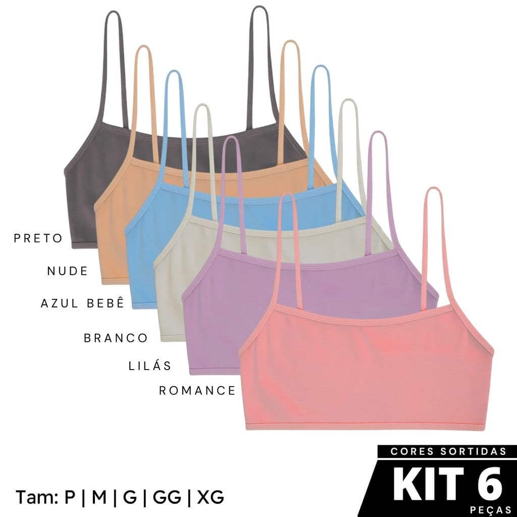 Kit 6 Tops Infantil Juvenil Sem Bojo Confort Malu Sem Bojo Básico 2 a 14 anos