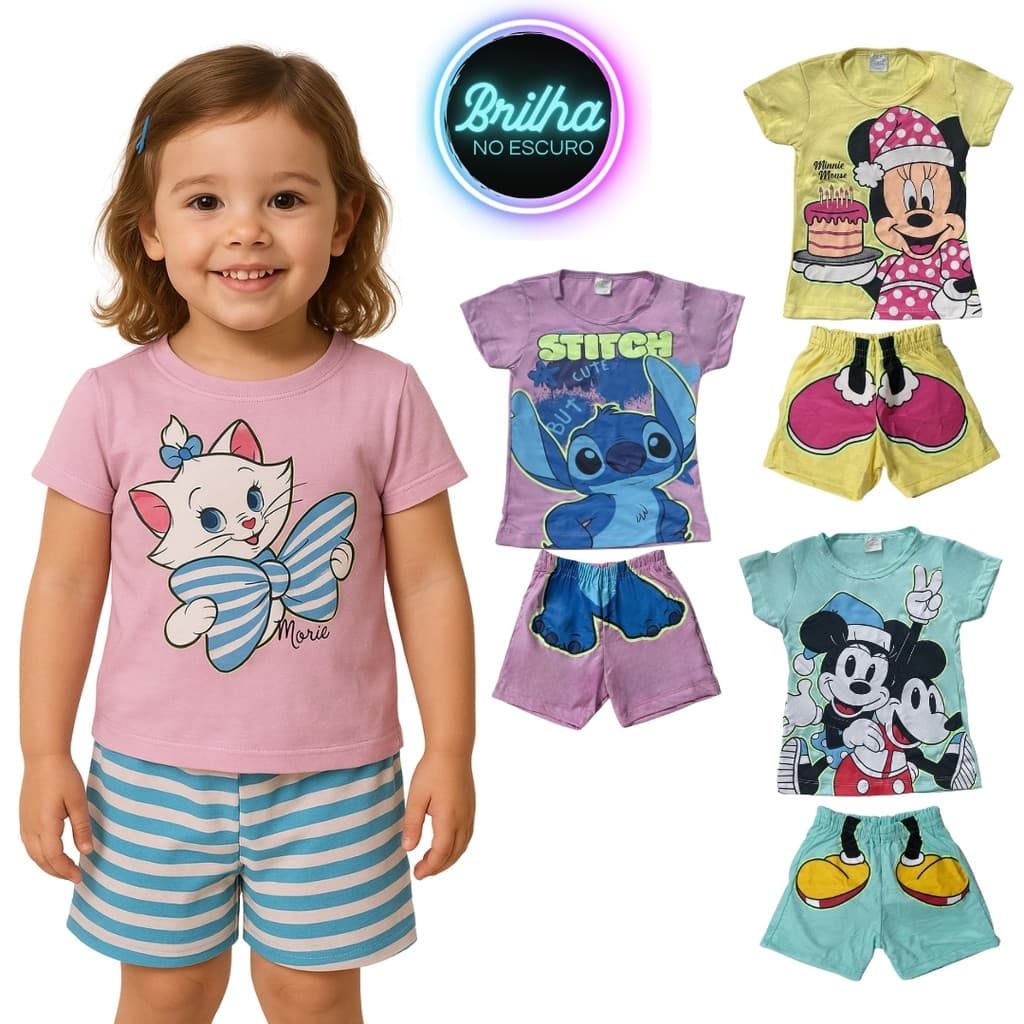 Kit 6 Peças Pijama Brilha no Escuro Personagens Menina Infantil Minnie Stitch Malha Levinha