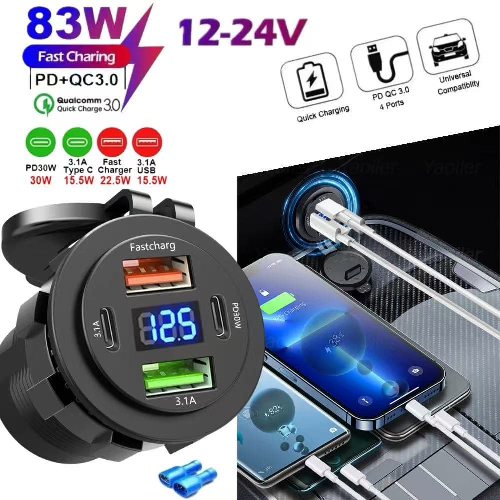 Novo 83W Duplo PD Tipo-C QC3.0 USB Carregador De Carro Tomada Com Voltímetro Adaptador De Energia À Prova Dwaterproof Ág