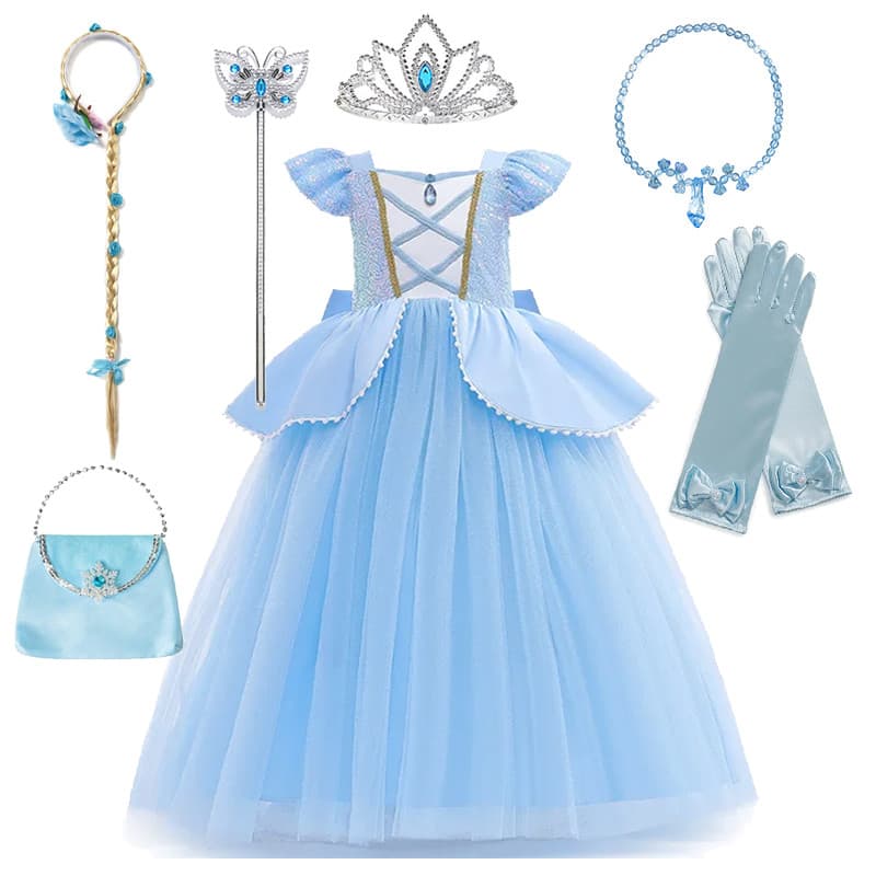 Cinderela Traje Menina Vestido De Princesa Azul Claro Vestidos De Manga Curta Para Festa De Aniversário Crianças Hallowe
