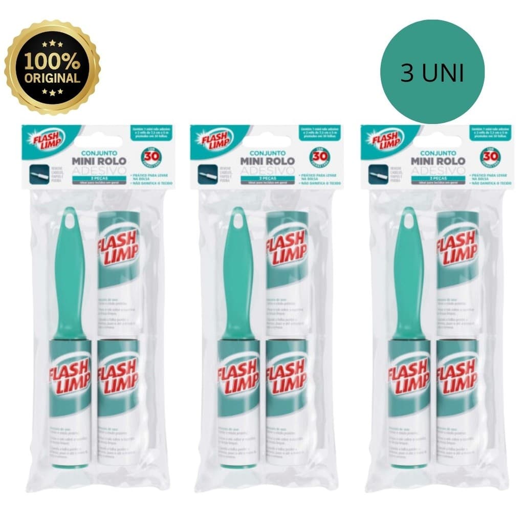 Mini Rolo Adesivo + 2 Refis Tira Pelos 30 folhas Flash Limp