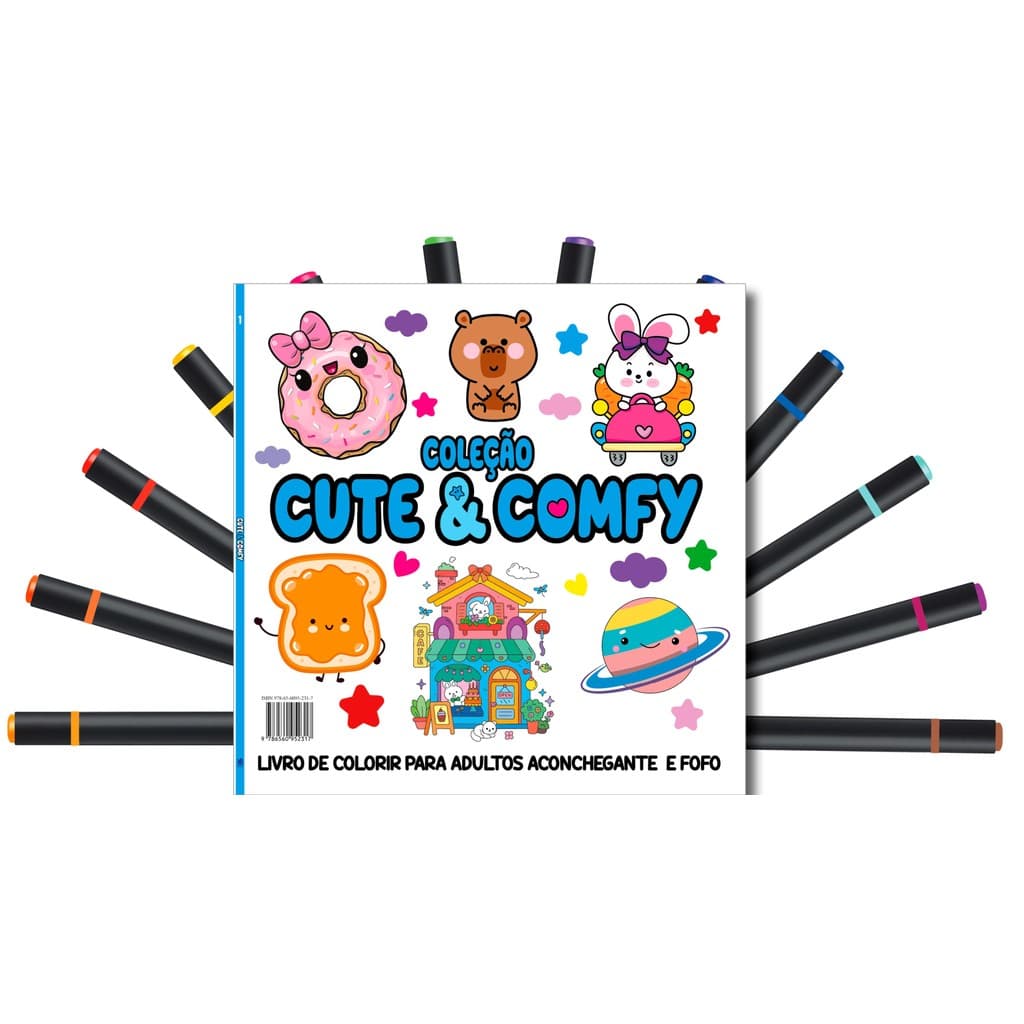 Cute & Comfy Coloring Book for Adults - Fofo e Aconchegante - Livro de Colorir Adulto + 12 Canetas   L133