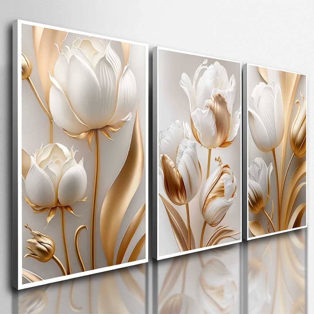 Quadros Decorativos Sala Flores Tulipas Brancas Gold Flor TOP LUXO PREEMIUN
