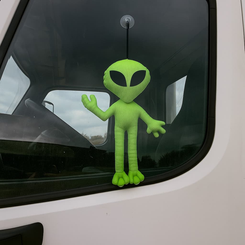 Alienígena ET de Pelúcia 40cm Verde Com Ventosa de Vidro Mascotinho dos Caminhoneiros