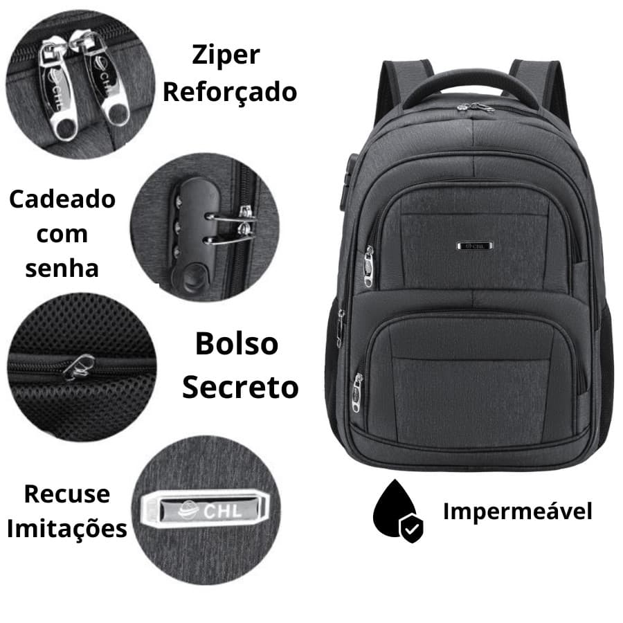 Mochila Grande Impermeável Faculdade Reforçada Notebook Cadeado com Bolso Anti-furto 90222