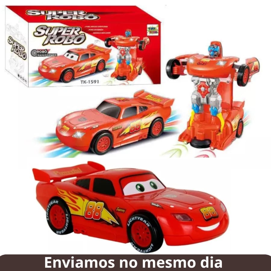 Carrinho Mcqueen Vira Robô Musical Com Luz e Som Infantil Bate e Volta Brinquedo Menino