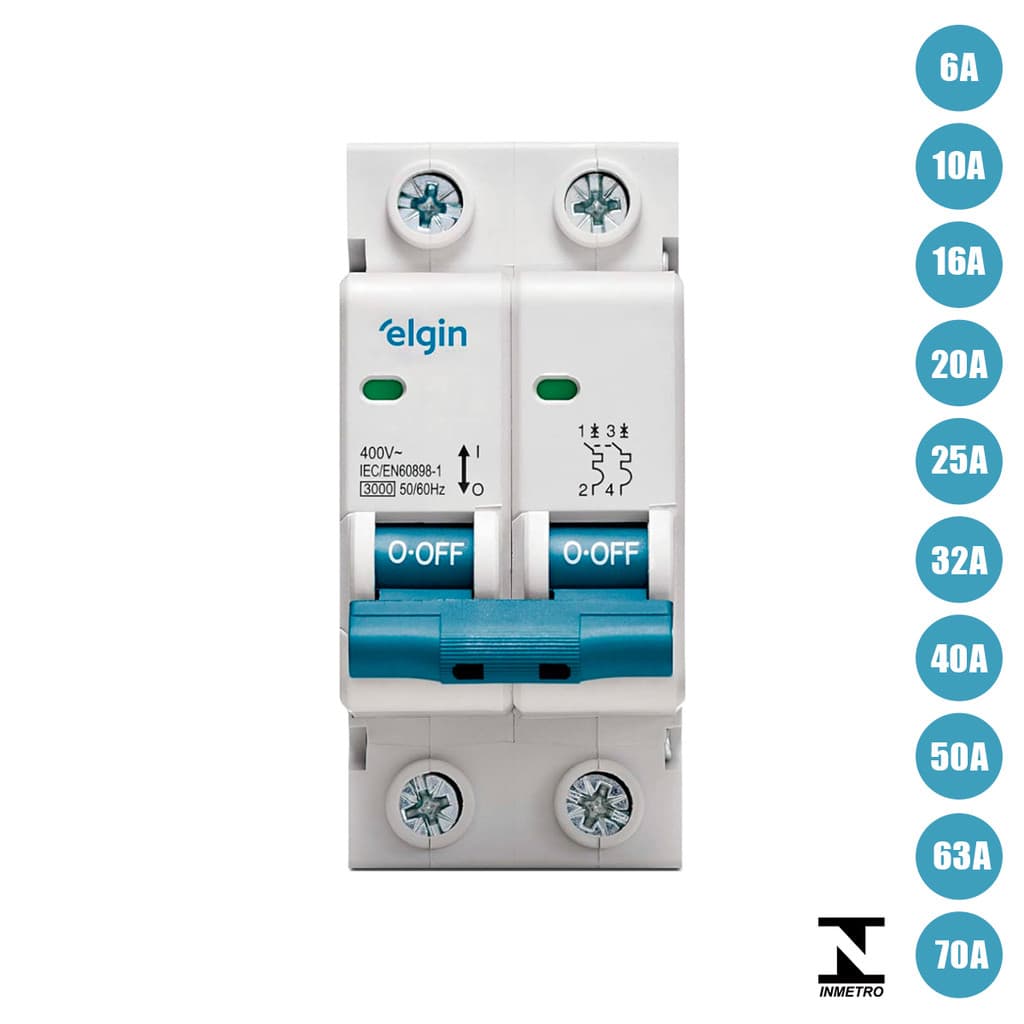 Disjuntor Bipolar Duplo Elgin Din 6A até 70A Curva C 2 Polos Homologado Inmetro