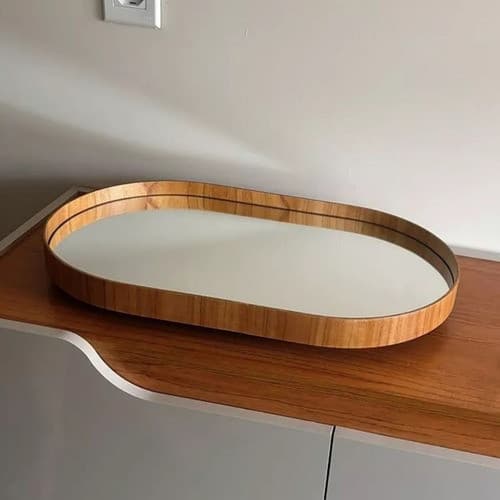 Bandeja Oval Madeira Laminada Espelhada Decorativa Café Bar