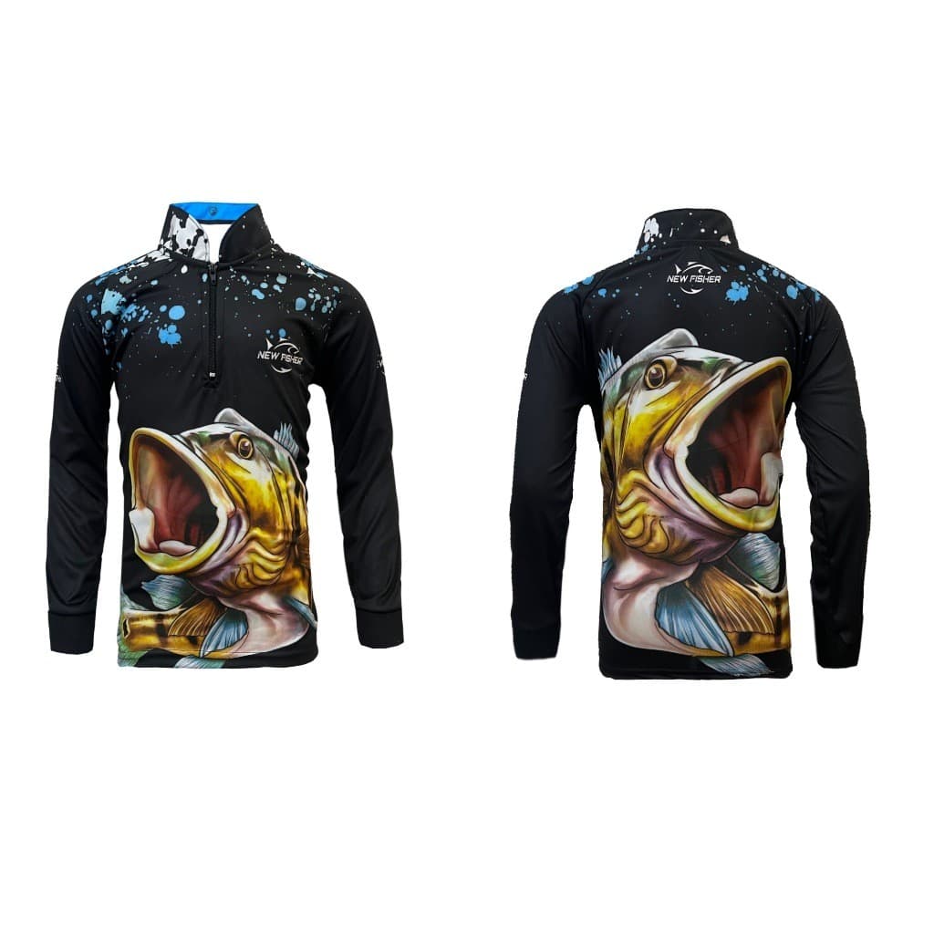 Camisa Camiseta de Pesca Infantil Tucunaré Azul Gola Zíper Proteção Solar UV