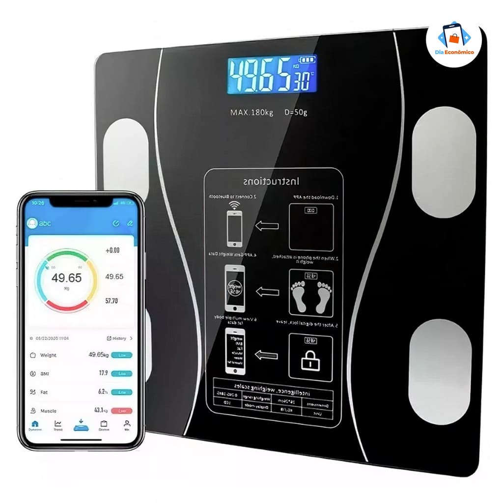 Balança Corporal Profissional Bioimpedância Integrada Ligação Bluetooth Suporta até 180 Kg e vem com Pilhas