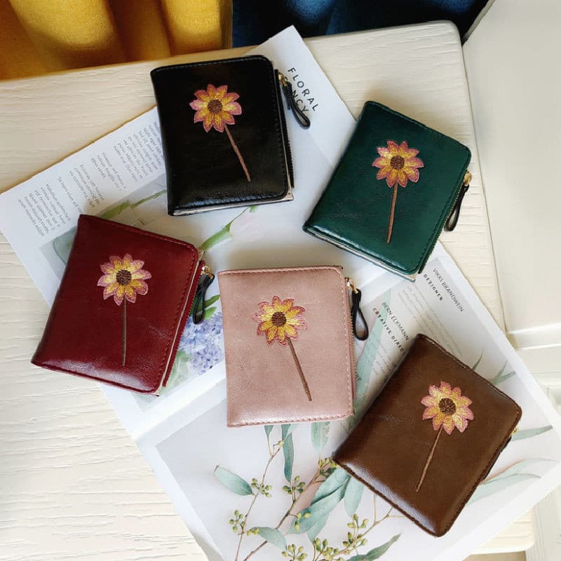 Carteira curta feminina, carteira com zíper bordado simples versão coreana