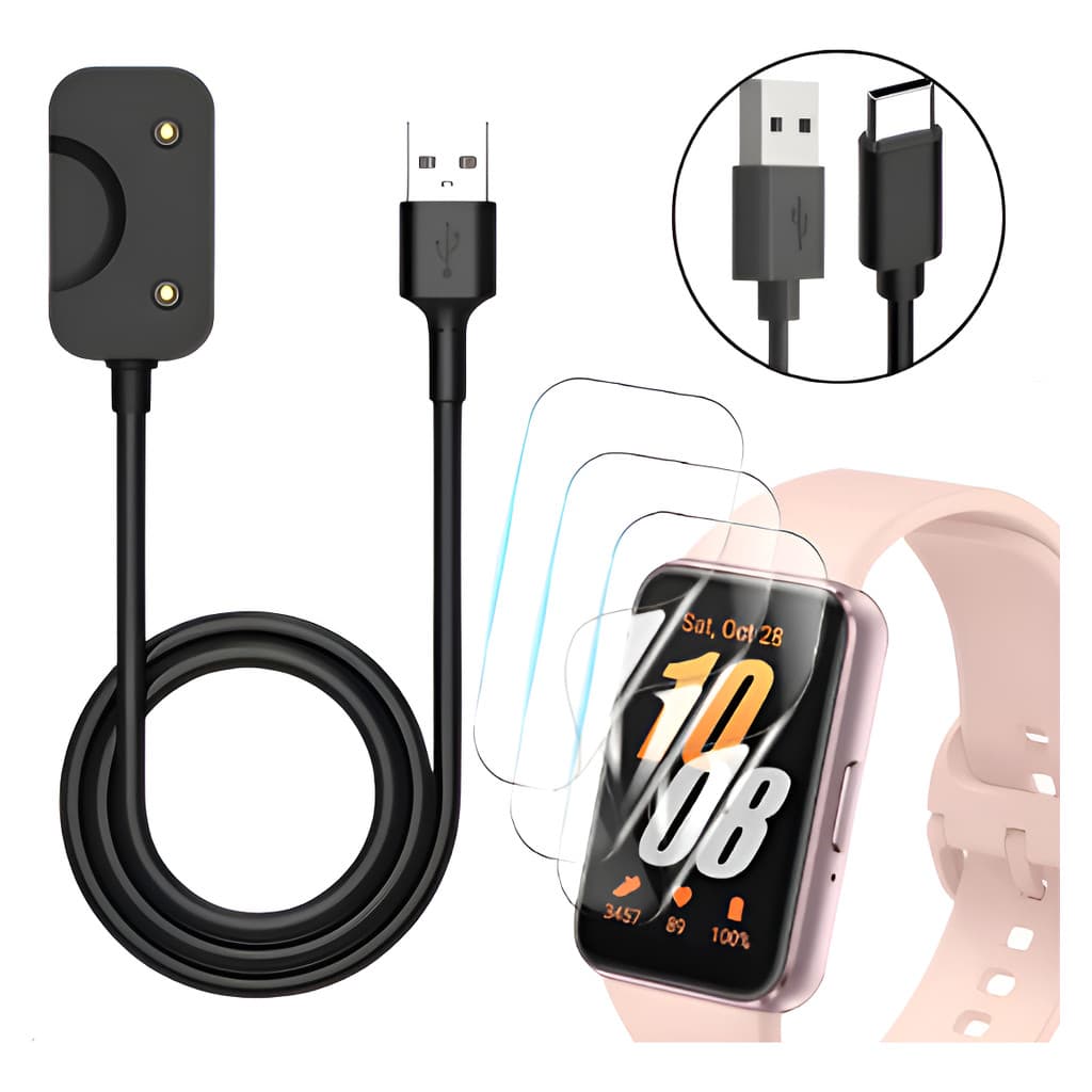 Kit Carregador Para Galaxy Fit 3 SM-R390 + 3 Películas Hidrogel HD USB ou Tipo C SmartWatch Relógio