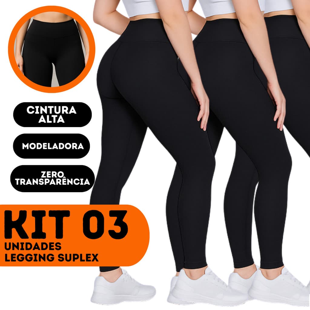 KIT 03 Calças Legging Suplex Levanta Bumbum Anti Transparência Cintura Alta Térmica Fitness Academia
