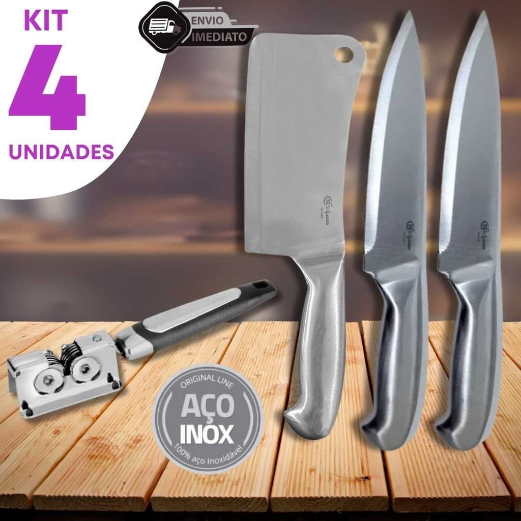 Combo 4 com 1 Cutelo Inox 6" 2 Peixeira 7" Afiador Corte Profissional Churrasco Cozinha Restaurante