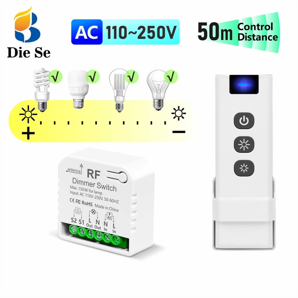 Interruptor dimmer de controle remoto sem fio RF 433MHz,relé dimmer CA 110V 220V para luz,lâmpada e LED de 10W a 150W