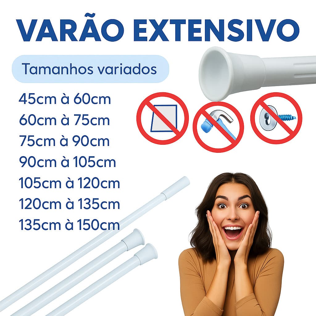 Varão Extensível Multiuso Branco para Cortina – Ajustável, Sem Furo, Banheiro e Armário