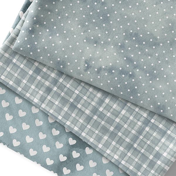 Tecido Tricoline Digital 0,50x1,50 Estampas Aquarelado Azul Acinzentado Corações Bolinha Poá Xadrez