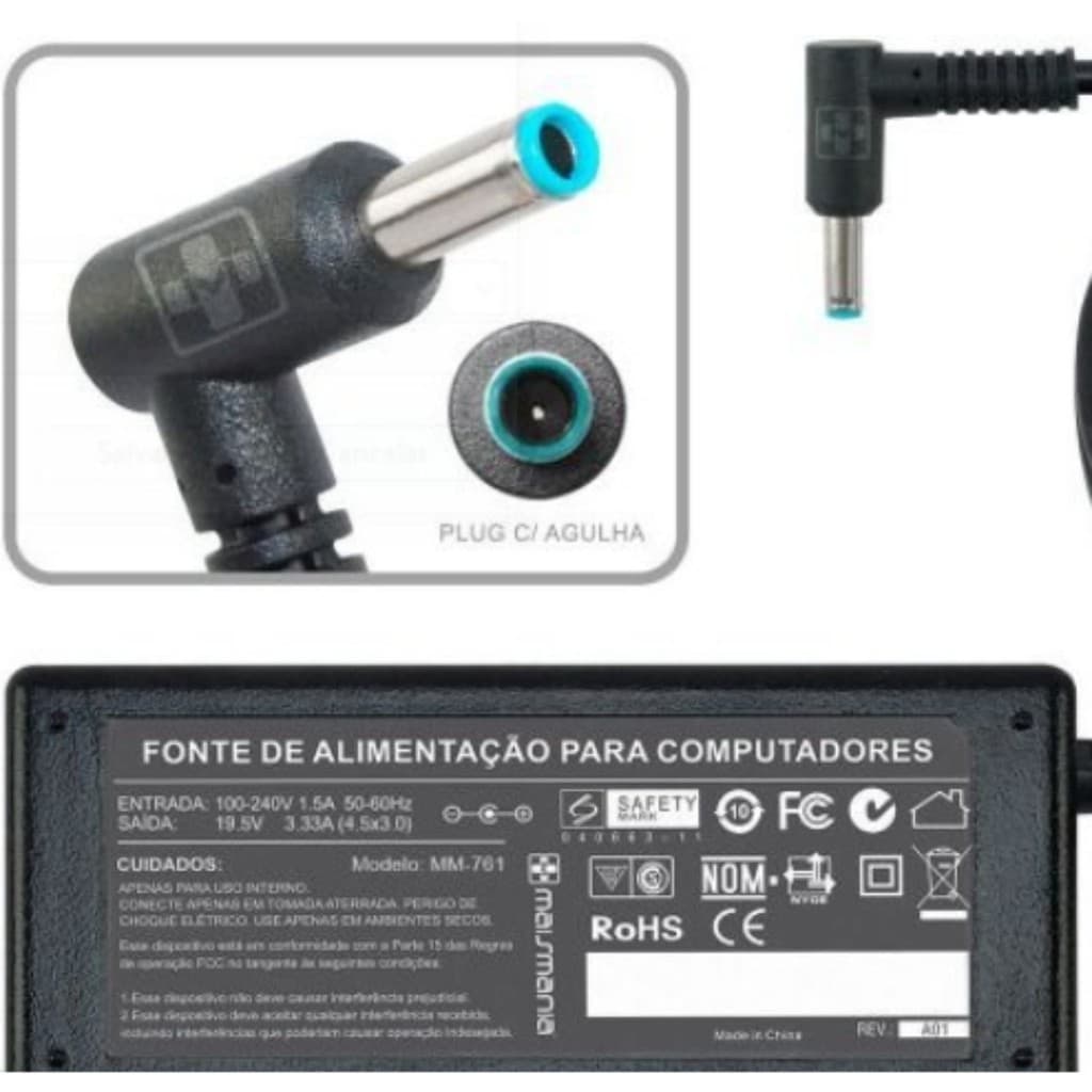 Fonte Carregador Compativel Notebook Ultrabook Hp 19.5v 3.33 65w Pino Azul