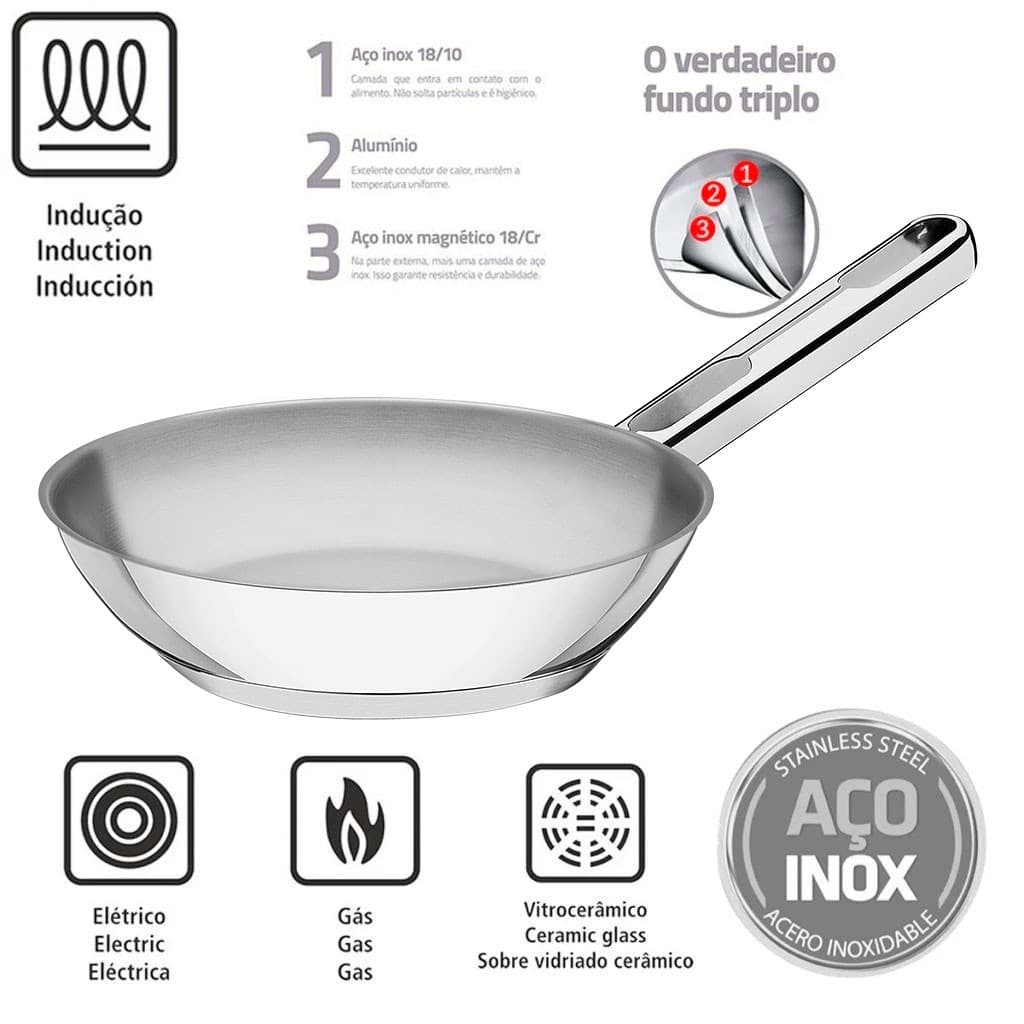 Frigideira Aço Inox 20cm 24cm ou 28 cm Tramontina Allegra Fundo Triplo de Indução