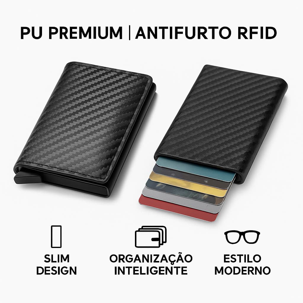 Carteira Porta Cartão Crédito Pop-up Inteligente Mágica Antifurto Fibra de Carbono Slim  Preta Smart